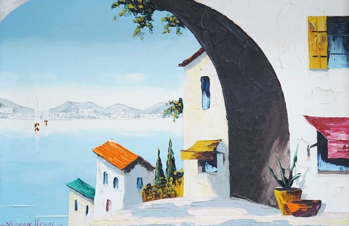 Vernon Henri (20th. C), Mediterranean scene, signed, impasto oil on canvas, 29 x 45cm